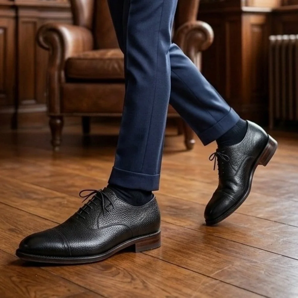 R. Martegani Boutique Black Pebbled Leather Cap Toe Oxfords Men's Size 10 M